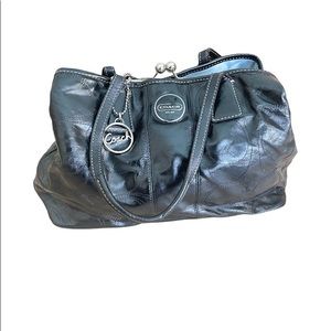 Coach Large Black Leather Satchel Carryall Kiss Lock 3 Compartment Shoulder Bag